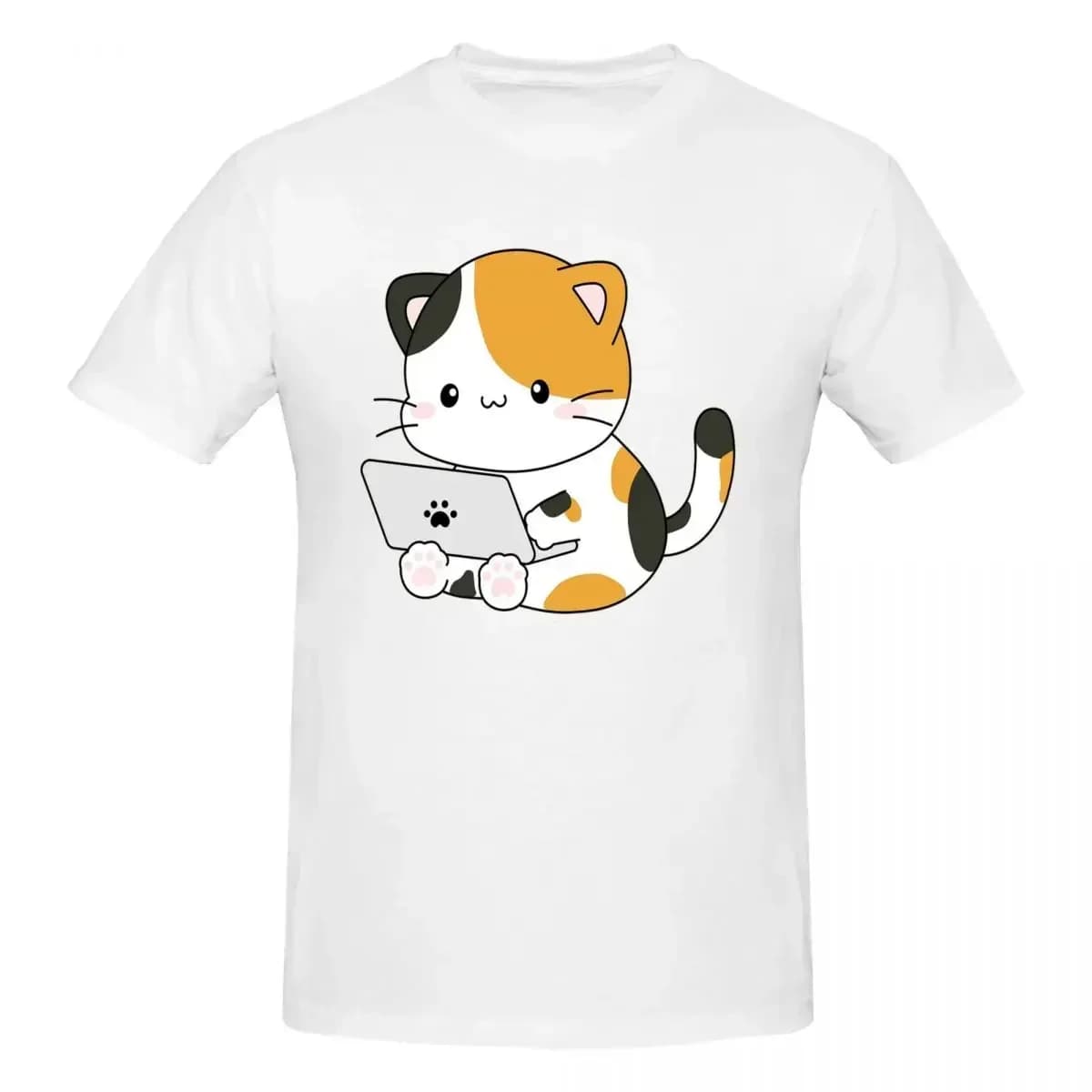 Cat Laptop, T-shirt in cotone 100% Calico Cat T-shirt moda unisex da uomo girocollo manica corta S-6XL
