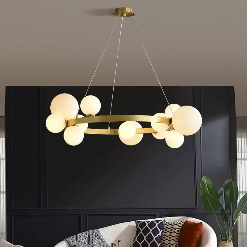 Lampadario a LED moderno semplice a forma di anello in oro Lampadario a sospensione con sfera di vetro bianco Soggiorno Camera da letto Ristorante Cucina Lampada a sospensione