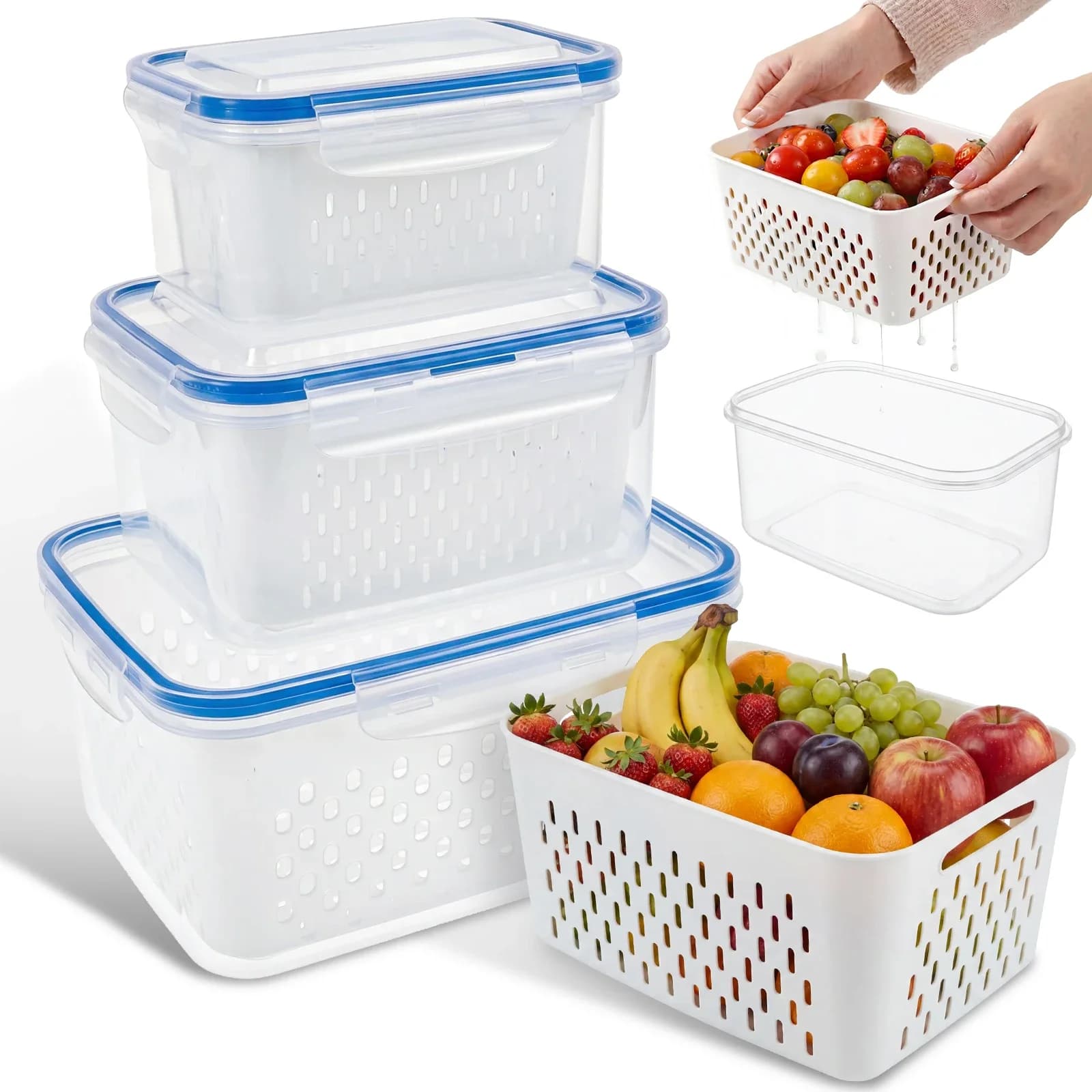 Set di 3 Contenitori per Frigorifero, Cestello Scolapiatti per Frutta e Verdura, Contenitore Salva-Freschezza per Carne, Organizzatore da Cucina
