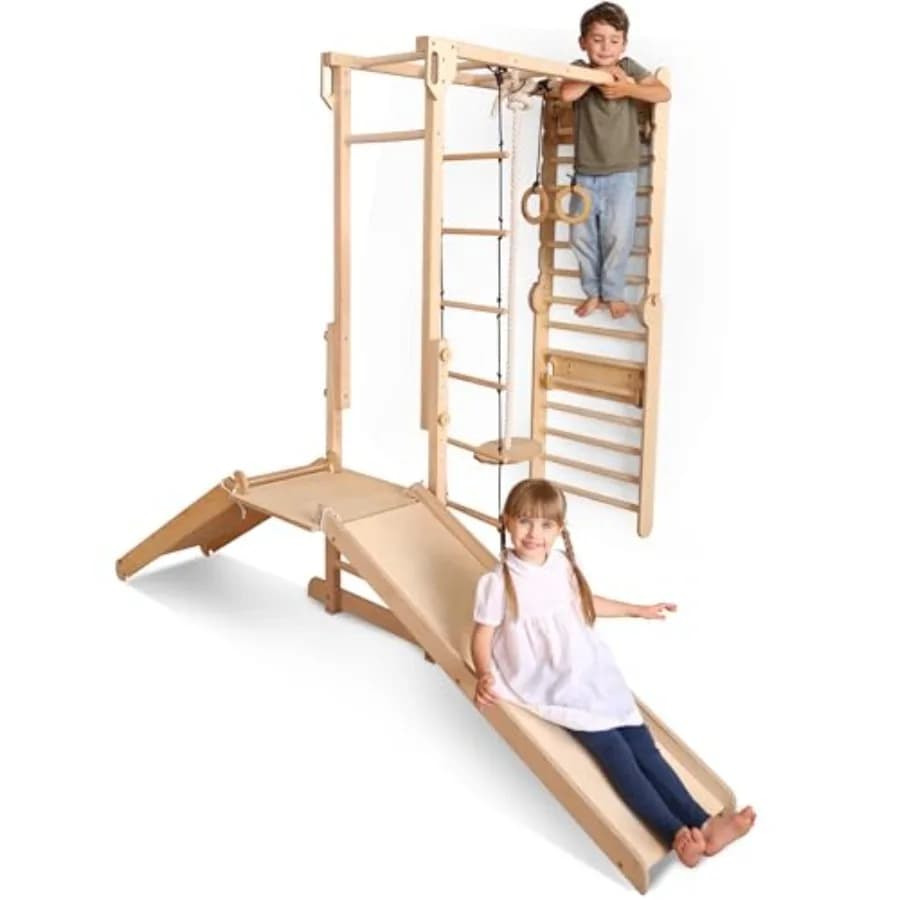 9-in-1 Wooden Indoor Climbing Frame for,Montessori-Inspired Climbing Set with Wall Bars, Monkey Bars, Pull-Up Bar, Rings, Swing