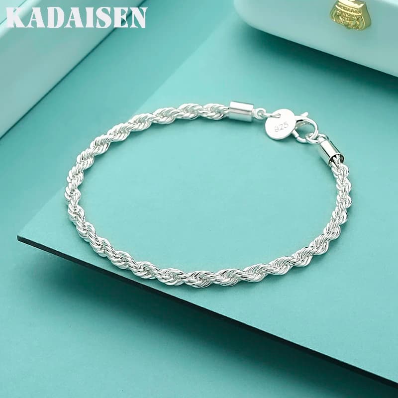 Bracciale in Argento Sterling 925, Corda Intrecciata 3MM, Gioiello Elegante da Donna per Matrimoni e Feste