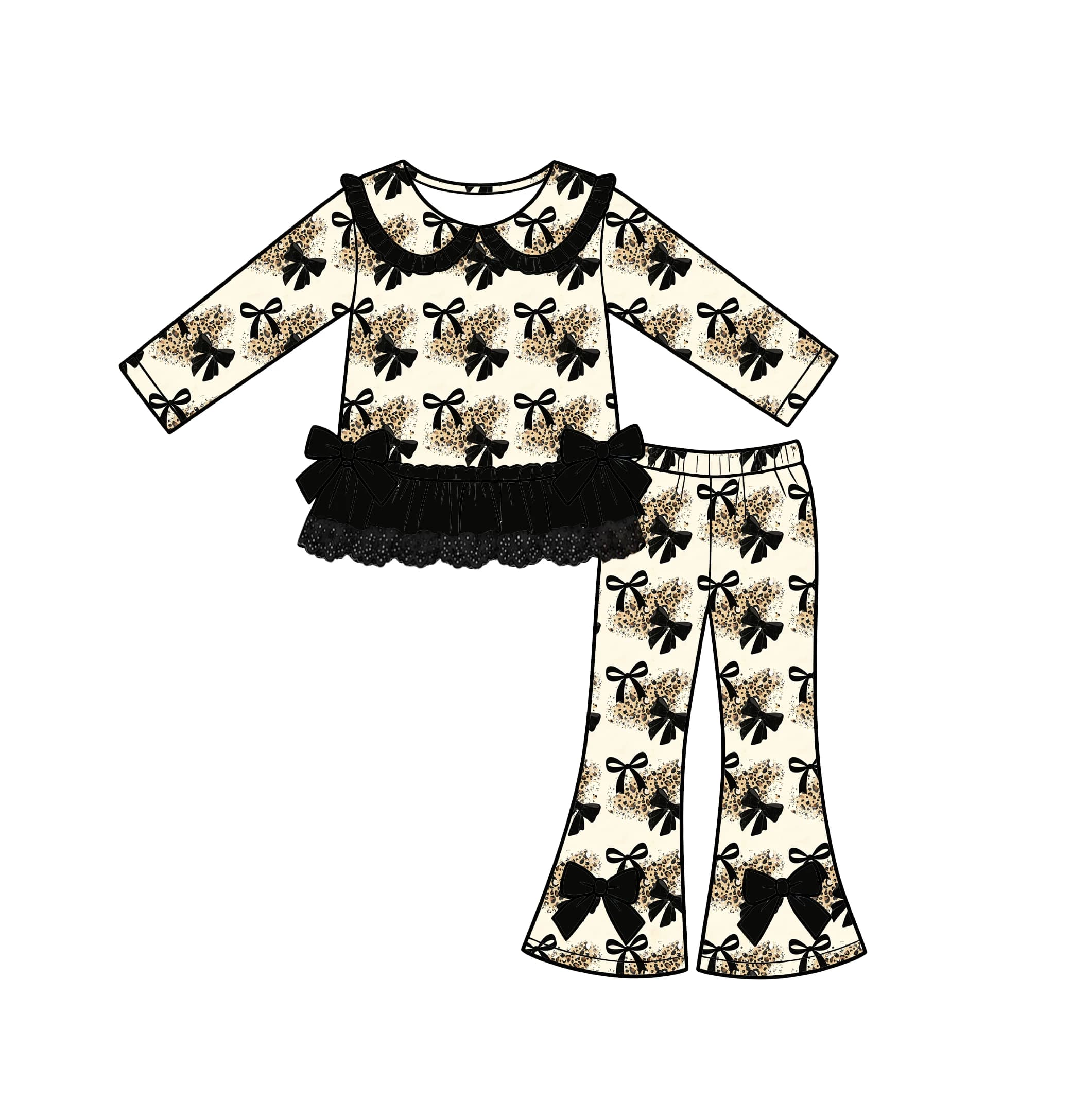 Custom Girl Leopard Flower Ballet Snack Outfit Lace Trim Bow Long Sleeve Top Pants Set Kids Cute Casual Pajamas Clothes