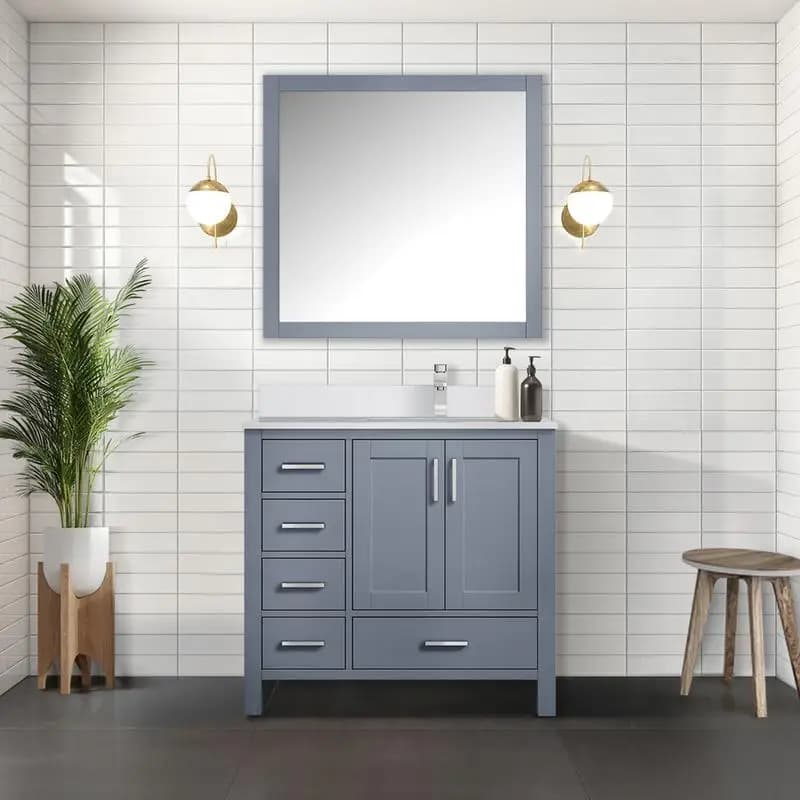 Vanity da bagno da 36" grigio scuro con piano in marmo coltivato offset destro e specchio da 34", soluzione di stoccaggio elegante per bagni moderni