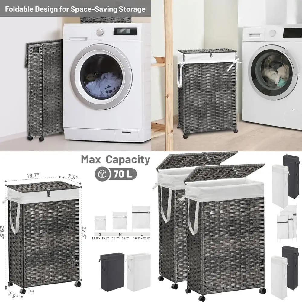 Cesto Portabiancheria Sottile da 70L con Coperchio, 2 Scomparti, 4 Fodere Rimovibili e 3 Sacchi in Rete, Grigio