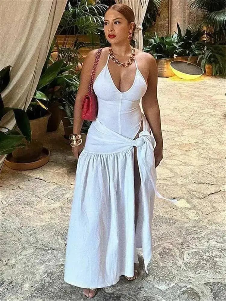 Set da 2 pezzi Completi da tuta con scollo a V femminile Set di gonne a pieghe a vita alta con lacci sexy per le donne Abiti con fasciatura bianca