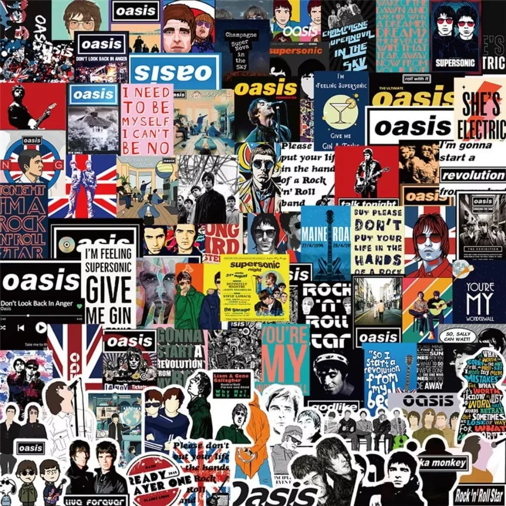 50/100 adesivi per poster della band rock britannica Oasis - Decorazioni per valigie, bottiglie d'acqua, laptop, telefoni e tablet Papery Pop Store