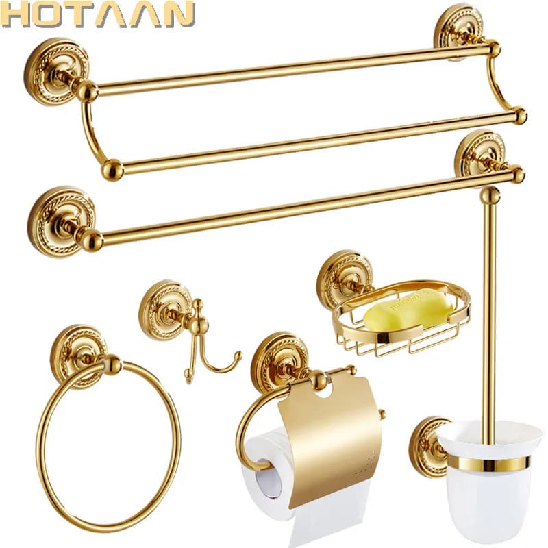Venduto Set di accessori da bagno in ottone, gancio per accappatoio, portarotolo, portasciugamani, anello portasciugamani, Set da bagno, portasciugamani in oro HT-810900-T
