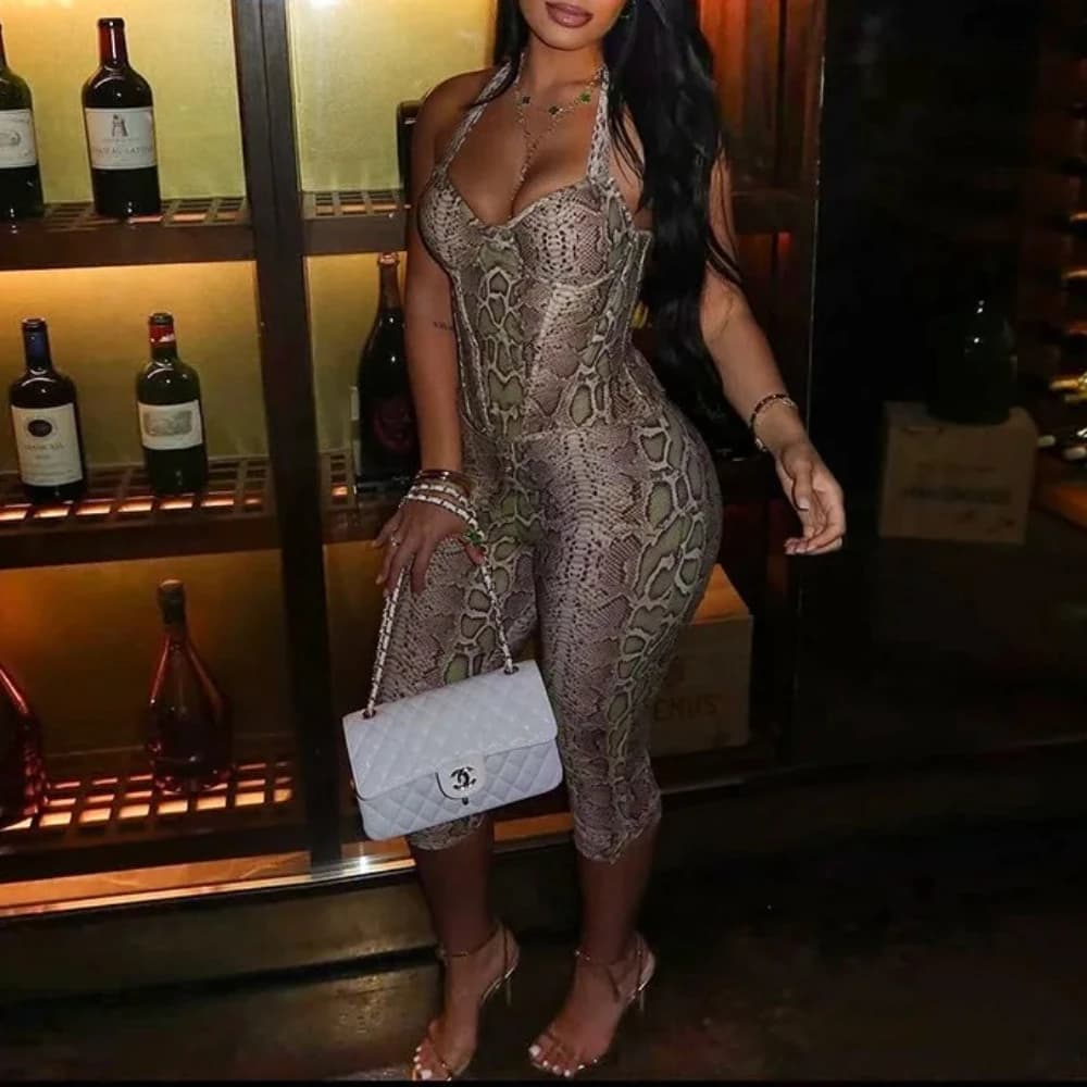 Women Sexy Serpentine Print 2 Piece Set Halter Backless Tank Crop Tops + Split Skinny Capris Pants Clubwear Suits Streetwear
