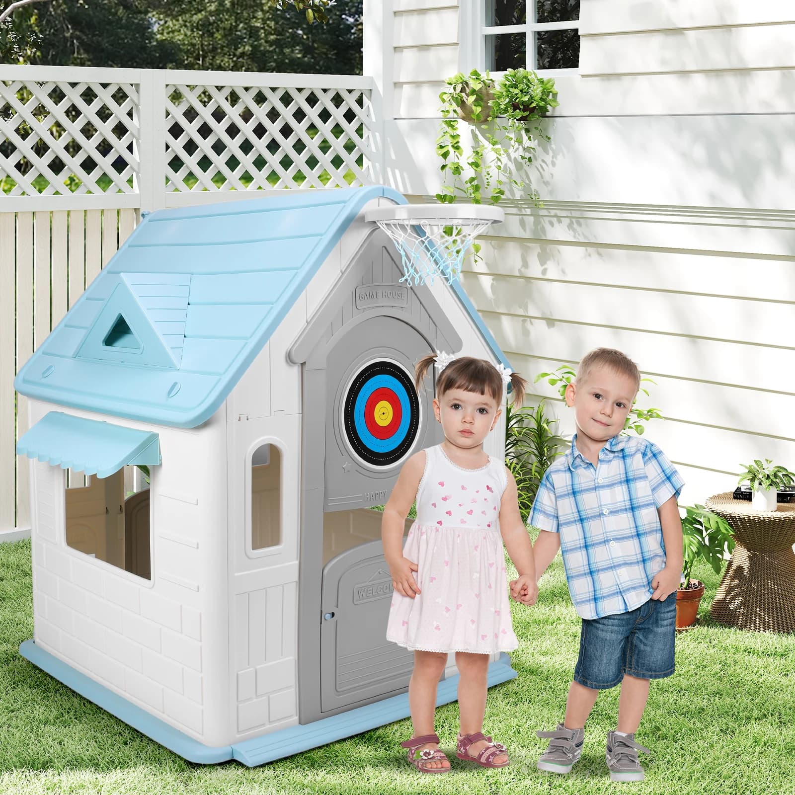 Set da gioco per interni/esterni con canestro da basket, bersaglio, giochi da giardino, casetta in plastica per bambini