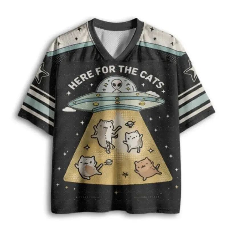 Latest V-neck Football Jersey - Cute UFO Alien Kidnaps Cat. Starry Sky Print. Black Cream Green Striped Cuffs.