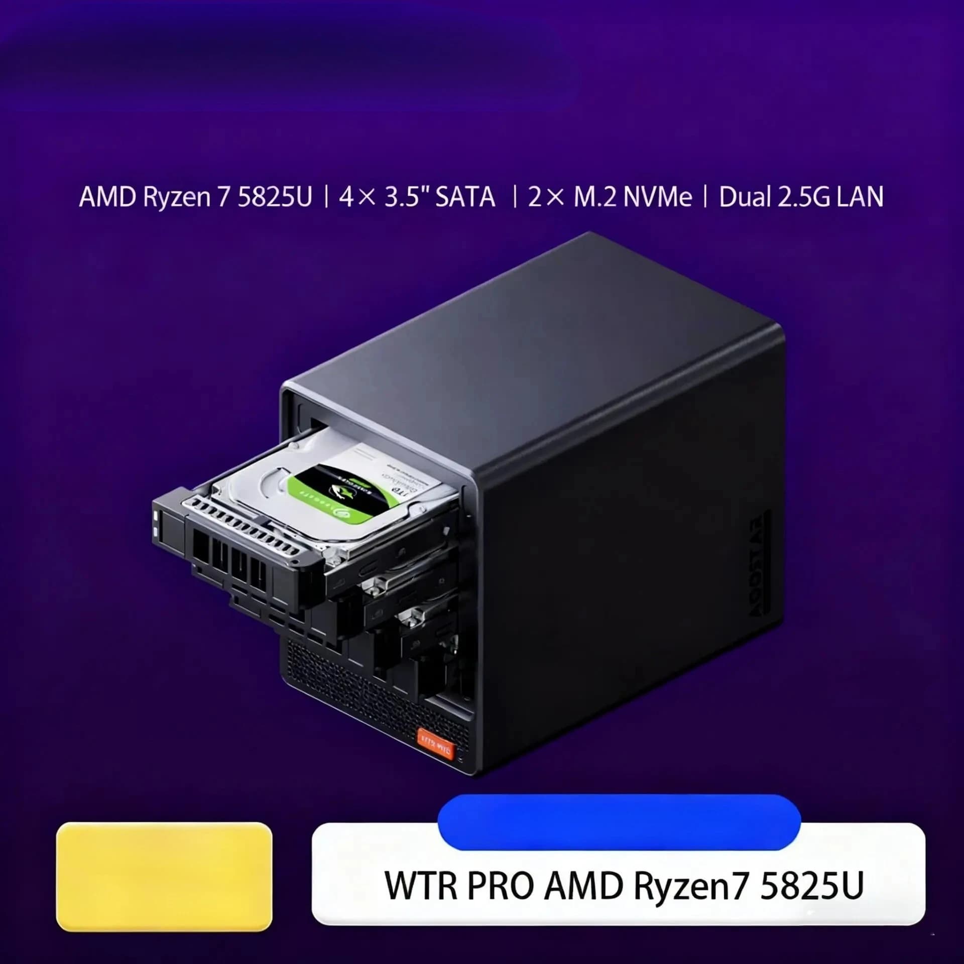 AOSTAR WTR PRO AMD Ryzen 7 5825U Mini PC/NAS 8C/16T Dual 2.5G LAN 4 Obiettivi HDD 4K Ampio spazio di archiviazione Display triplo Raffreddamento silenzioso
