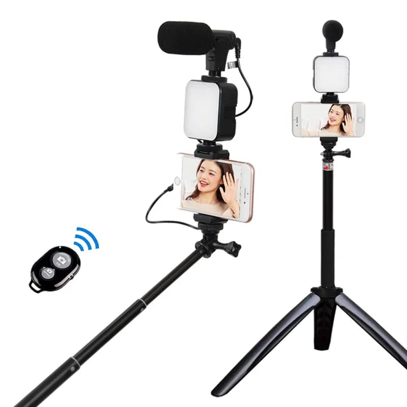 Selfie fotografia Video palmare Vlog Stand stabilizzatore treppiede Kit luce LED microfono otturatore remoto telefono videocamera registrazione Video