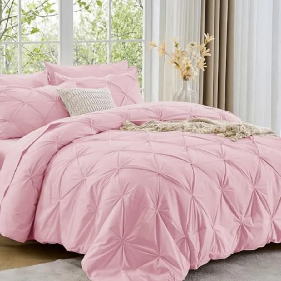 Set Copripiumino 7 Pezzi, Set Biancheria da Letto Pintuck per Tutte le Stagioni, Include Copripiumino, Lenzuolo Piatto, Lenzuolo con Angoli e Federe