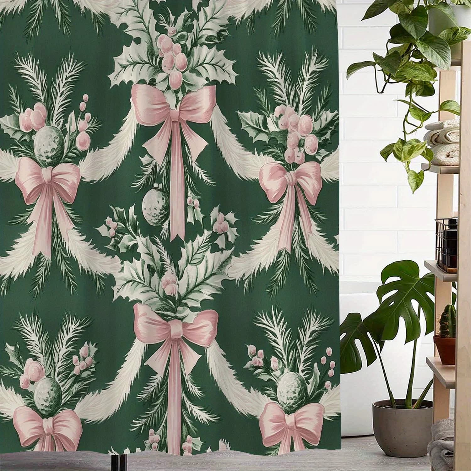 Elegante tenda da doccia invernale in pino e fiocco - Poliestere verde, nastri rosa, impermeabile, lavabile in lavatrice, decorazione perfetta per bagno/cucina