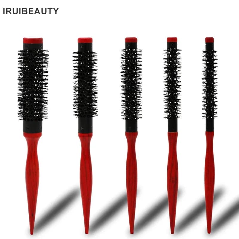 Wavy Curly Hair Brush Wood Handle Natural Fluffy Roll Brush Red Round Hair Comb Salon Hairdressing Styling Curler Comb