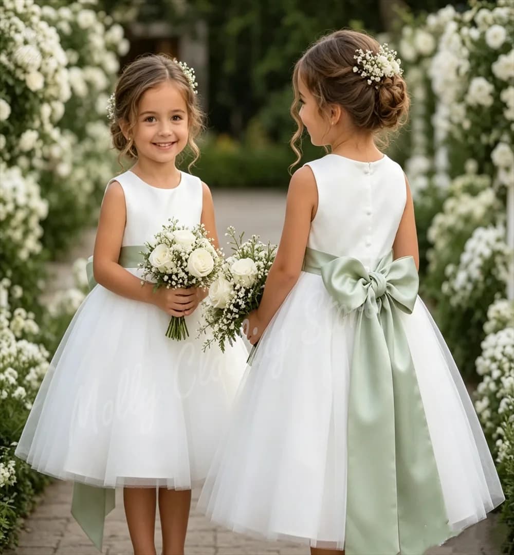 Cute Green Satin Bow Belt Flower Girl Dress White Tulle Knee-length for Wedding Infant Kids Birthday Party Holy Communion Gown