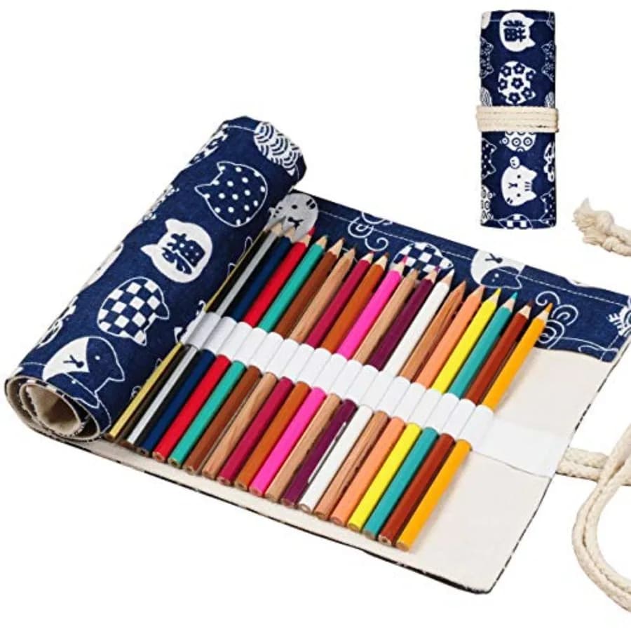 Astuccio Arrotolabile in Tela Fatto a Mano per Artisti, Portamatite per Matite Colorate con 24/36/48/72 Scomparti, Motivo Gatto