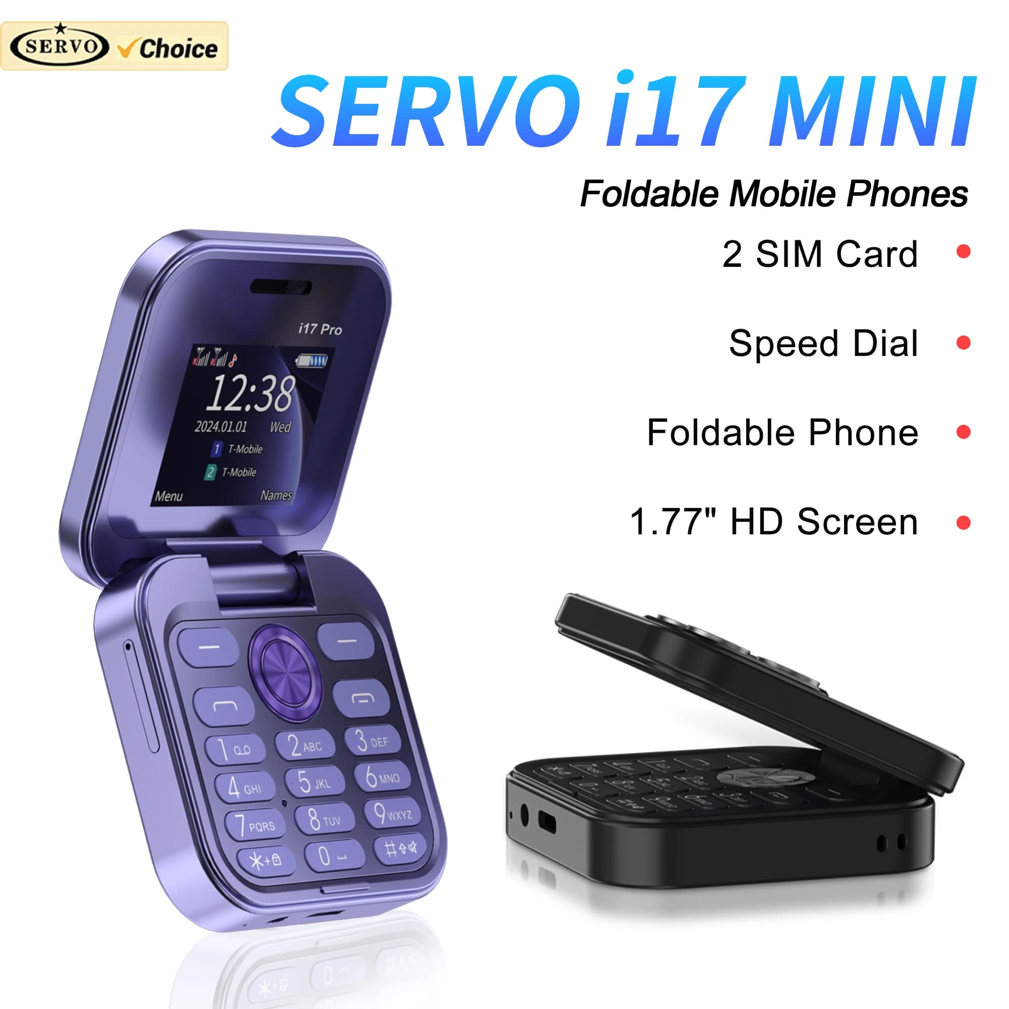 SERVO I17 Mini 2G Fold Mobile Phone Dual SIM Card Video Player Flashlight FM Radio Magic Voice 1.77”Small Box Flip Cellphones
