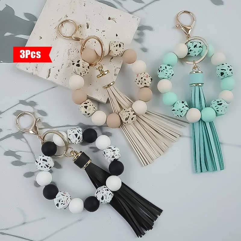 3 keyring with beads with leopard print and tassels, silicone beads bracelets, fashionable women's keychain, perfect gifts for her