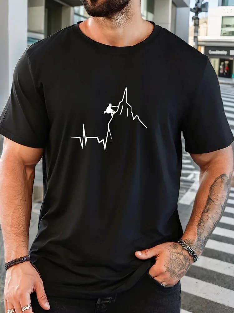 Men's Light Gray Crew Neck T-Shirt, with a White Line Pattern of a Climber's Heartbeat on a Mountain Peak, Soft Short-Sleeved Mountaineer Shirt