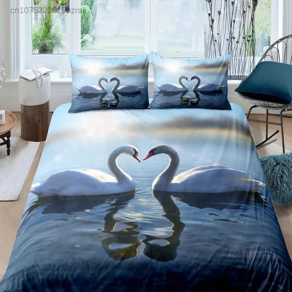 Swan Duvet Cover Black And White Swan Duvet Cover Queen Bird Comforter Cover Microfiber Romantic Flower Wild Animals Quilt Cover