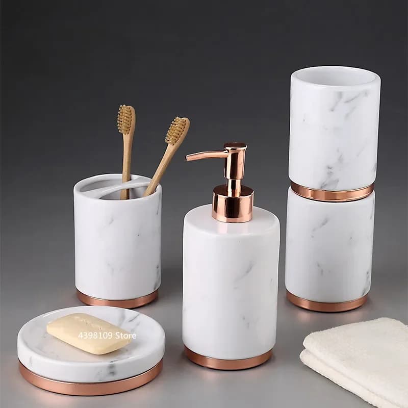 Forniture da bagno in ceramica con struttura in marmo nero/accessori da bagno con dispenser portaspazzolino vassoio dispenser di sapone