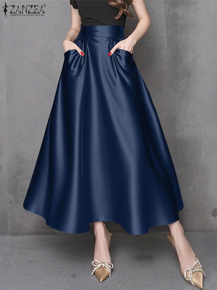 Donne alla moda Maxi gonne lunghe 2025 ZANZEA Elegante festa in raso Jupe Estate a vita alta Vacanza Robe Solid A-line Lavoro Faldas Saia