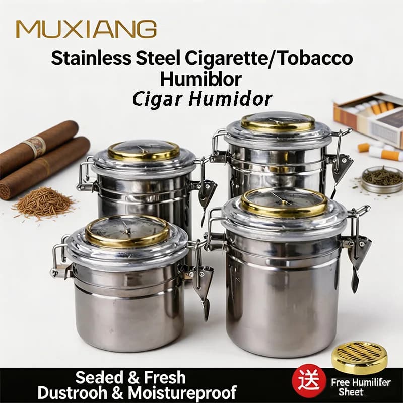 Multifunctional Stainless Steel Airtight Humidor Jar with Hygrometer Humidifying Sheet for Cigar Pipe Tobacco Tea Coffee Bean