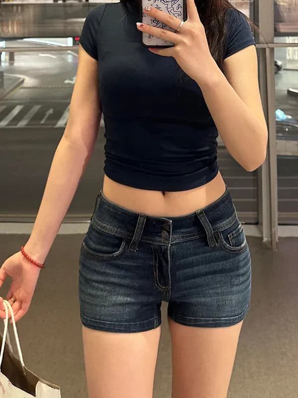Retro Deep Blue American Hot Girl Short Jeans Women's Slim Fit Summer New Style A-Line Wrap Hot Pants High Waist Straight Leg...