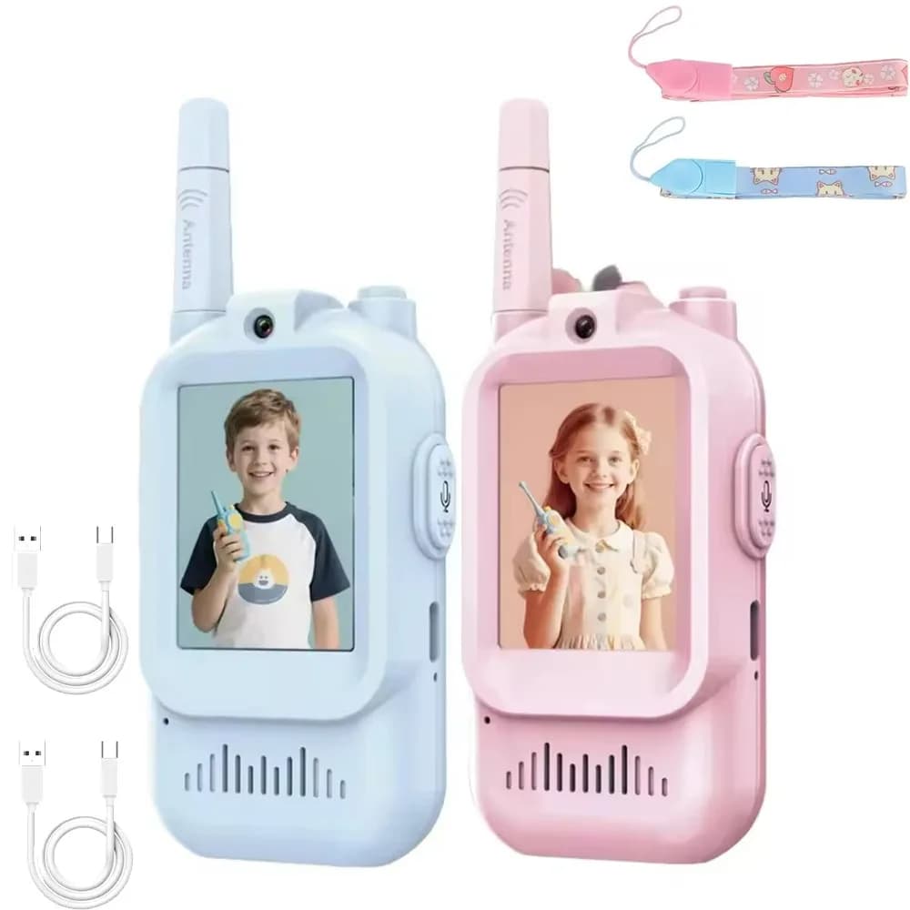 Videocitofono per bambini con schermo HD Videocitofono con design a fumetti a lungo raggio Walkie Talkie 4 effetti vocali con cordini