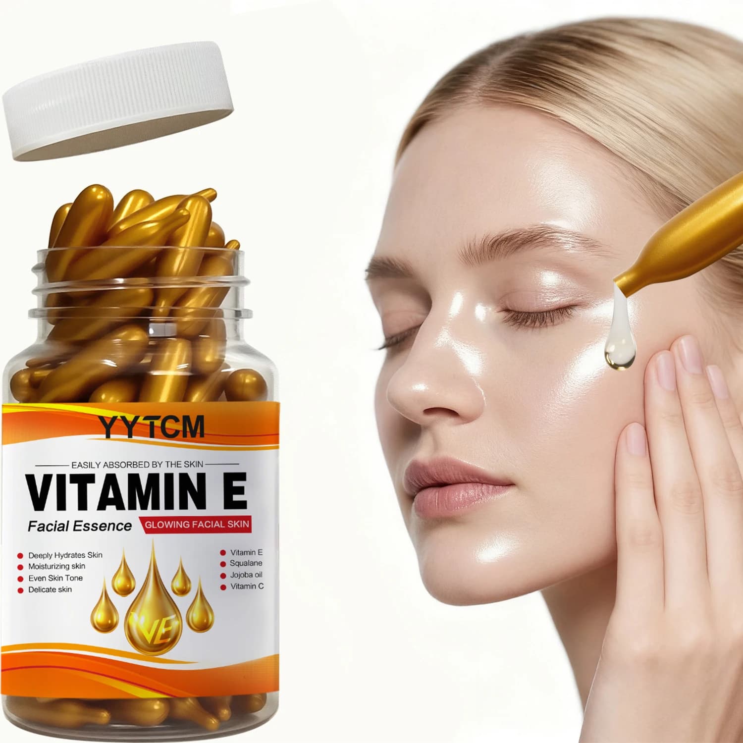 Vitamin E Deep Moisturizing Capsule Essence, Hydrates and Smooths Skin, Contains Plant-Based Squalane, Vitamin C, Deep Hydration and Brightening Skin Essence, 18 Capsules/30 Capsules/48 Capsules/60 Capsules/90 Capsules/120 Capsules/180 Capsules
