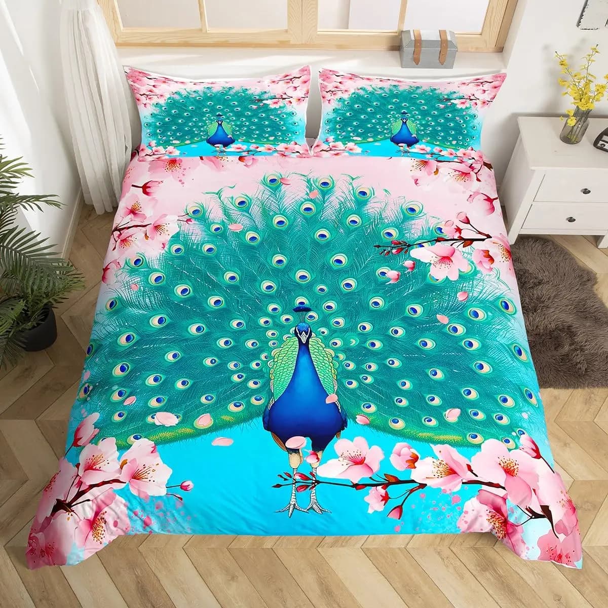 Copripiumino pavone Set di biancheria da letto con animali dei cartoni animati gemelli Copripiumino con fiori di ciliegio Copripiumino con fiori giapponesi Arredamento della camera Kawaii