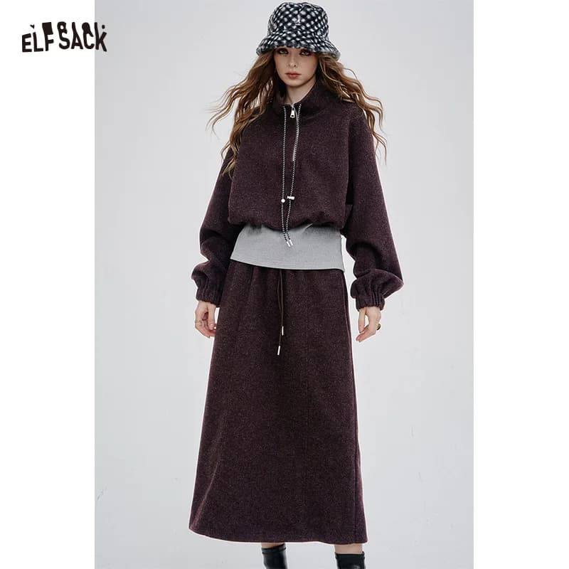 ELFSACK 2025 nuovi arrivi invernali casual tinta unita versatile abito con cappuccio a maniche lunghe set per donna