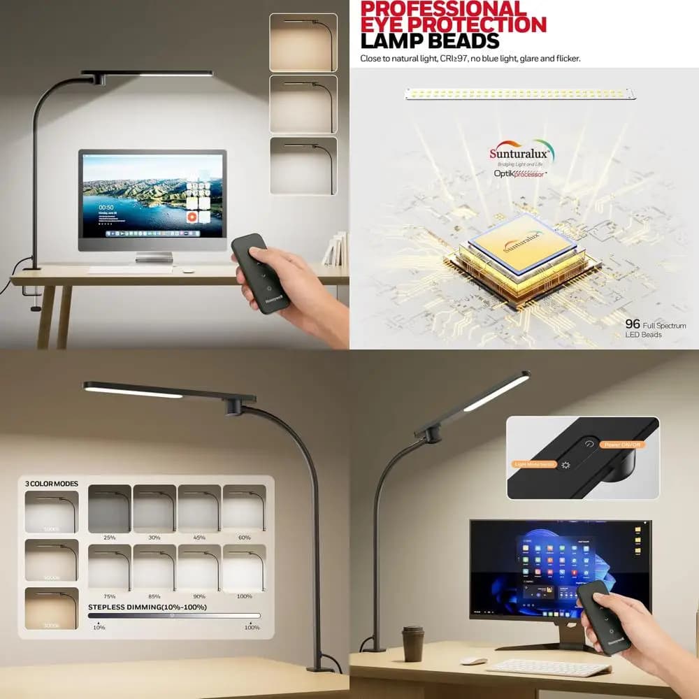 Lampada da Scrivania LED con Morsetto, Luce a Spettro Completo ad Alto CRI, Braccio Flessibile a 16 Posizioni, Dimmerabile a 3 Colori, Telecomando Magnetico, Adatta per