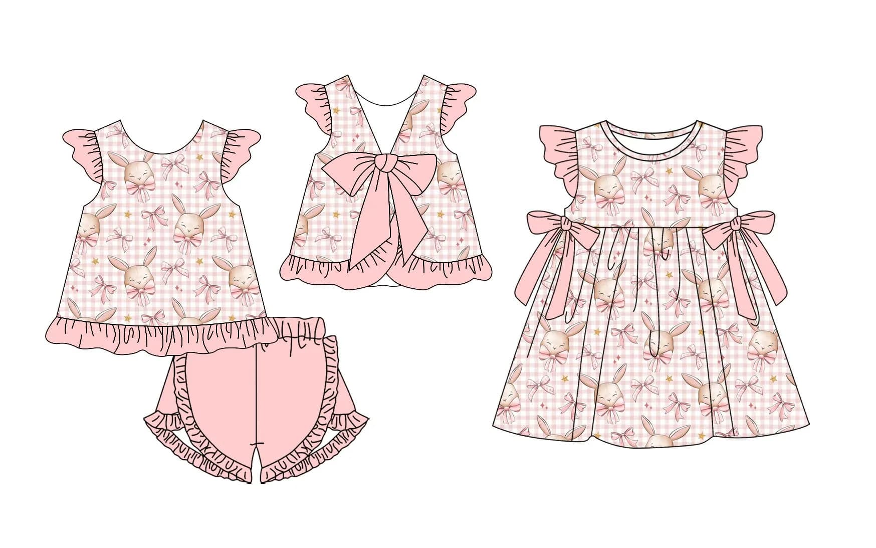 Completo pasquale per bambina con pantaloncini a maniche corte, fiocco decorativo e stampa coniglietto, abito coordinato in tessuto seta latte, all'ingrosso