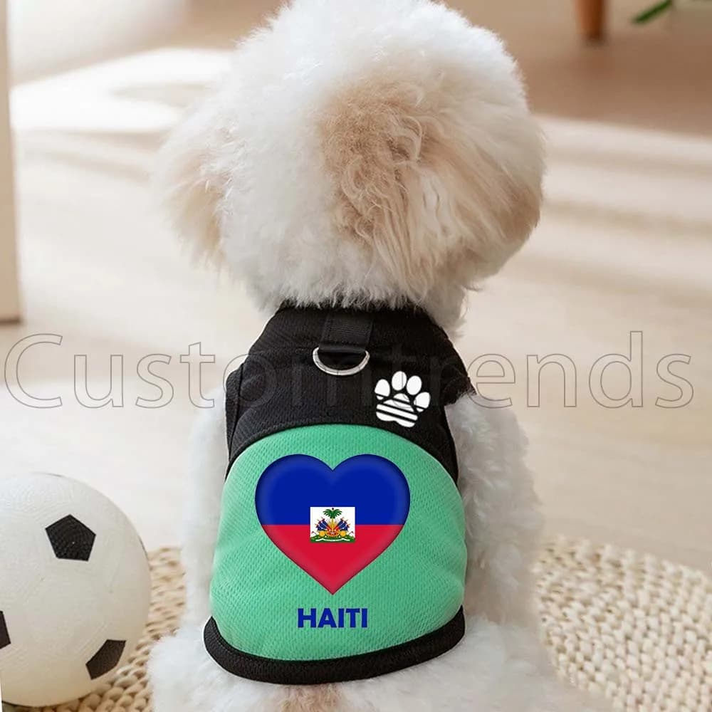 Pettorina a rete Haiti Heart Flag per cani e gatti, Abbigliamento per animali domestici, Gilet primaverile/estivo per cani con anello a D per guinzaglio e graziosa stampa a zampa