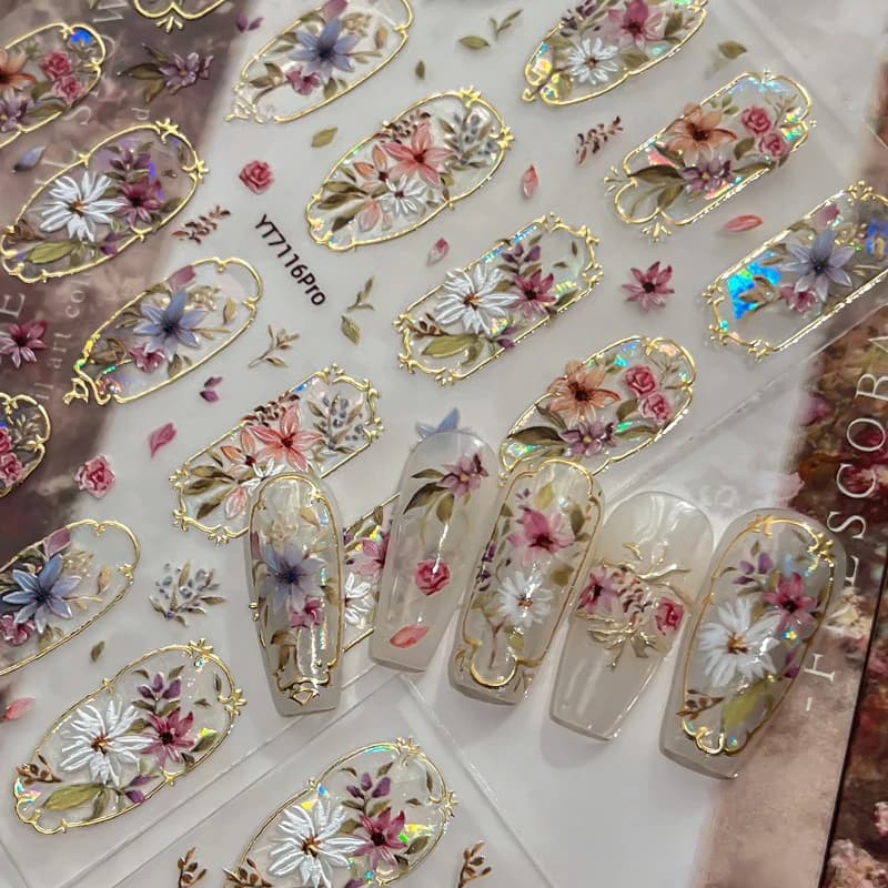 2 floral stickers for nail art with golden frame, 3D holographic floral decorations, romantic nail art for Valentine's Day DIY manicure