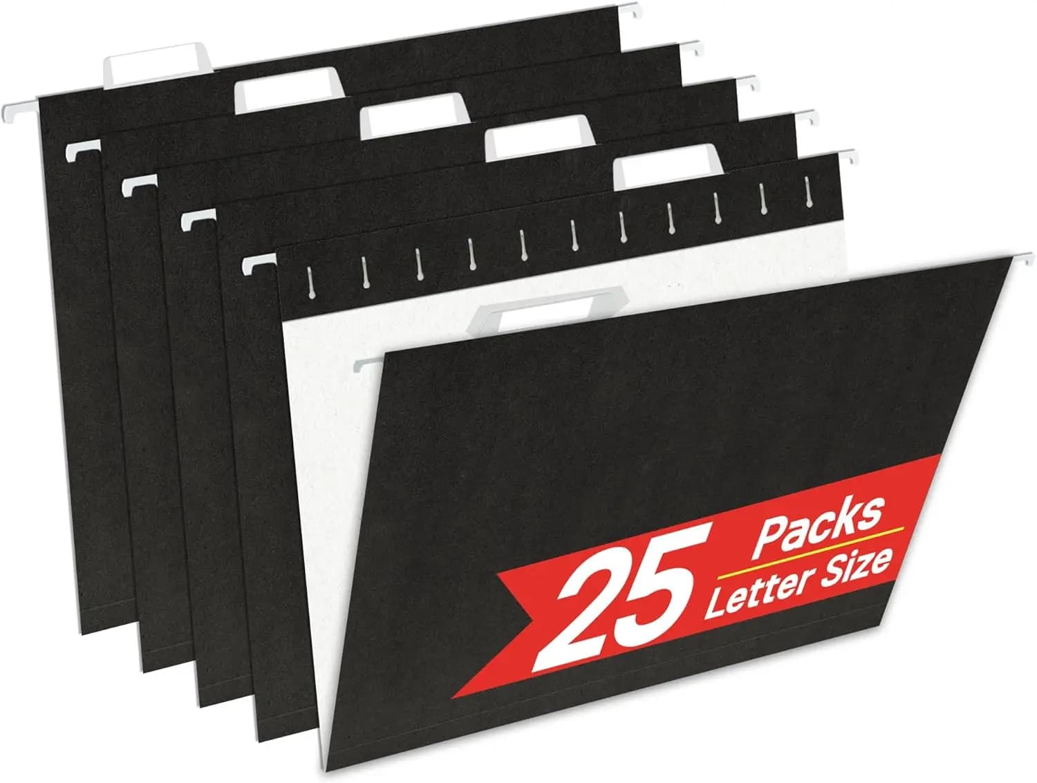 Confezione da 25 Cartelle Appendibili Nere, Formato Lettera 8,5x11 Pollici, Aste Rinforzate per Scorrimento Fluido, Linguette e Inserti Regolabili