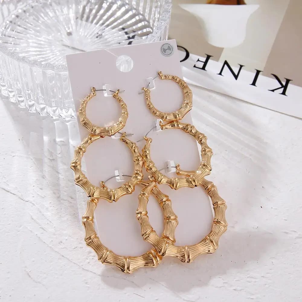 3 Pairs Gold & Silver Plated Bamboo Hoop Earrings, Chunky Circle Earring Set