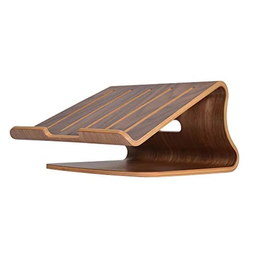 Supporto per laptop in legno per scrivania, finitura noce, materiale in legno naturale, supporto ergonomico con design per la dissipazione del calore, compatibile con la maggior parte dei laptop.