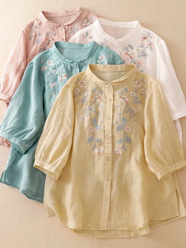 New Chinese Style Embroidered Flax Half Sleeve Shirt Women Summer Fashion Anti Aging Small Opening Thin Stand Collar Blouse