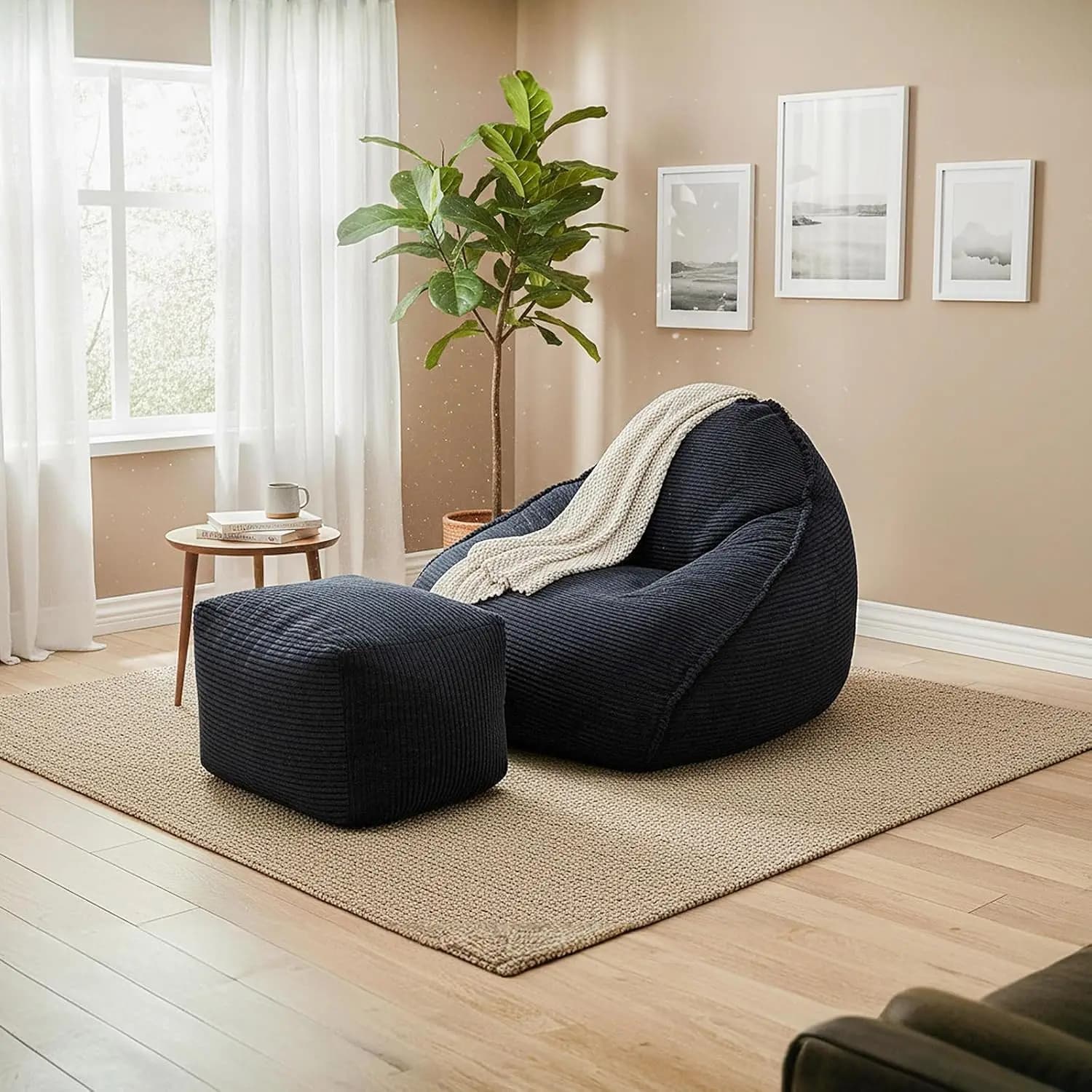 Poltrona Sacco Oversize con Poggiapiedi, Divano da Terra Ultra Morbido per Soggiorno, Gaming, Relax in Nero