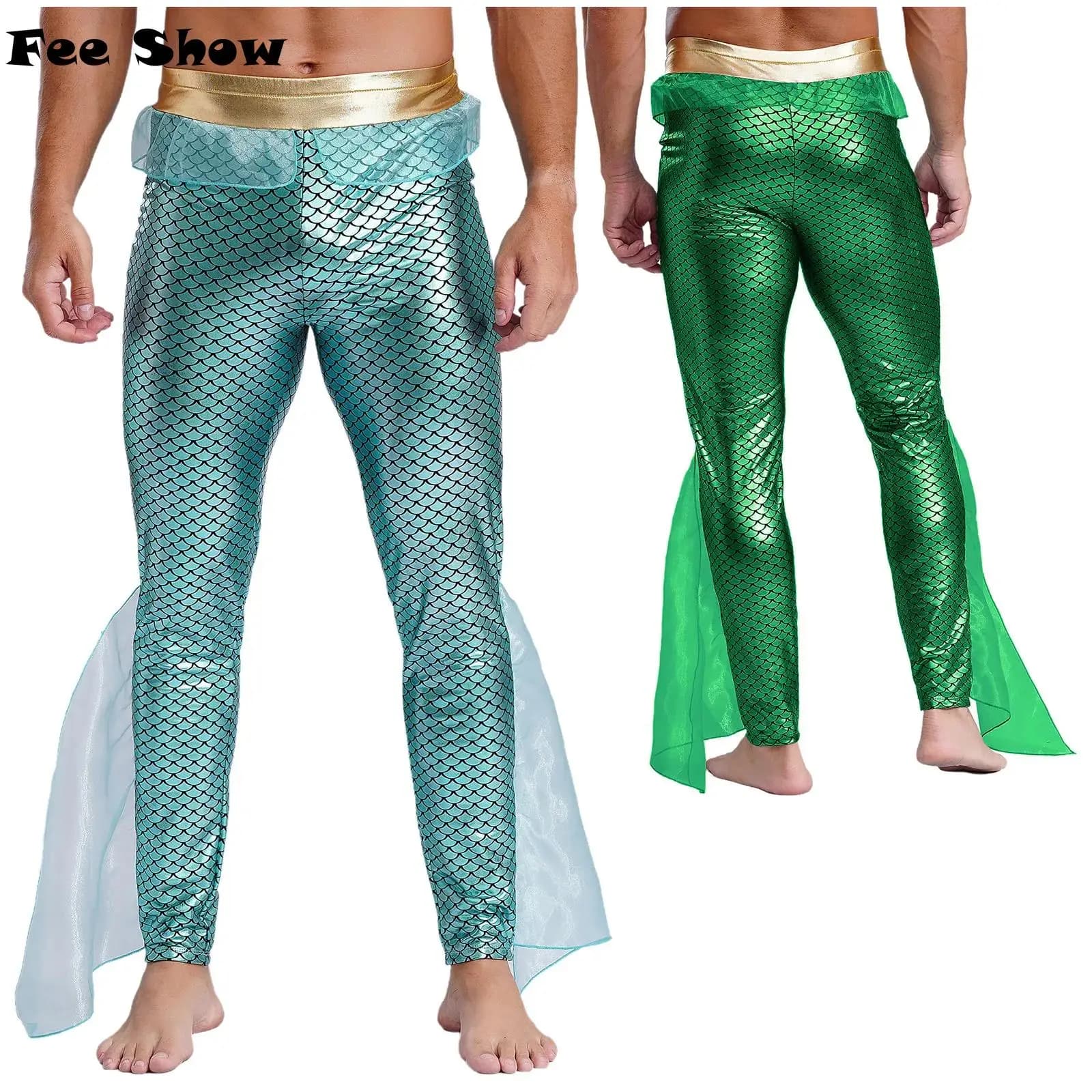 Mens Mermaid Cosplay King of the Seas Costume elastico in vita metallizzato lucido stampa a squame collant Leggings pantaloni per Halloween