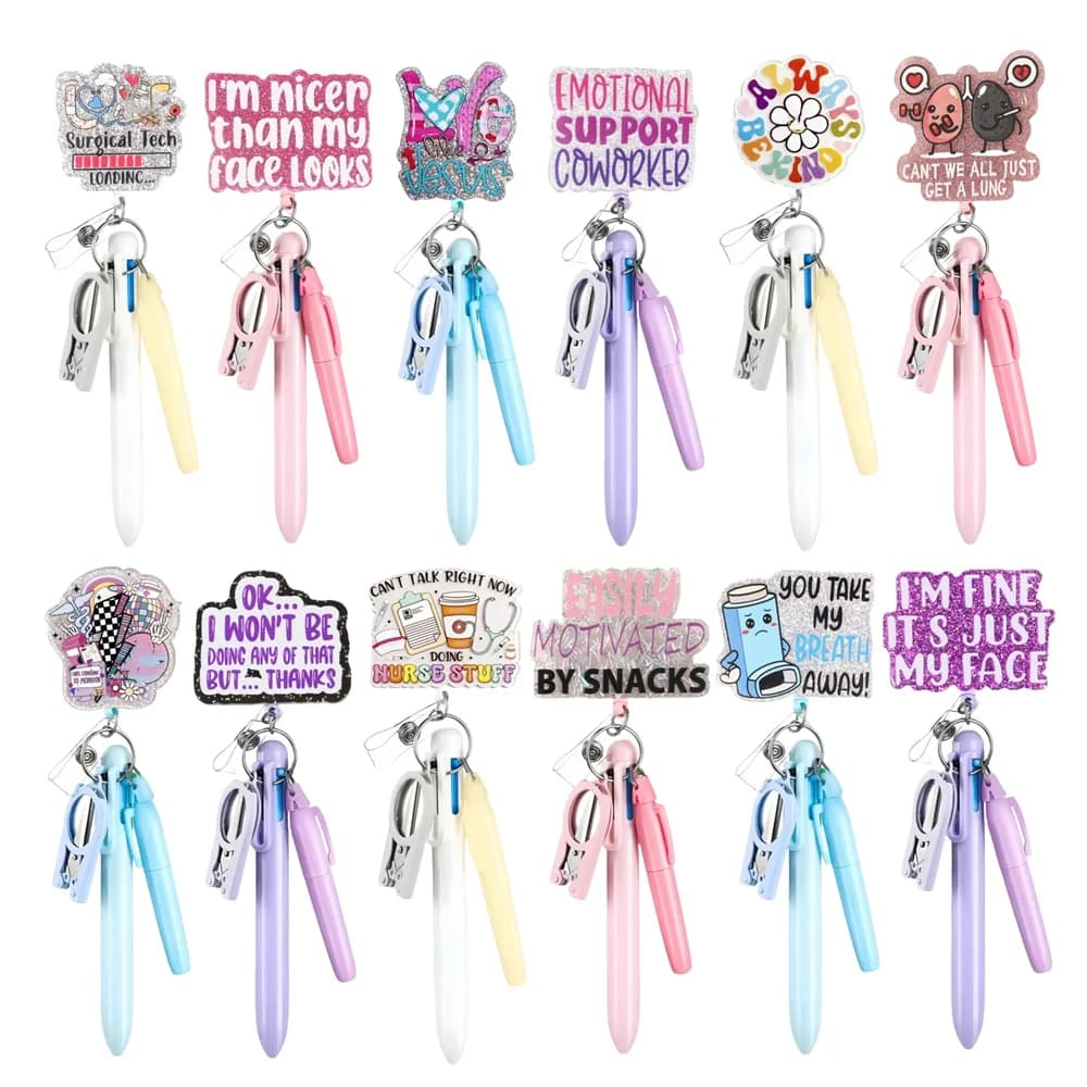 1 pz 5-in-1 Badge Clip Penna a sfera Evidenziatore Pieghevole Forbice Penne da infermiera Set per ufficio aziendale Studente Dottore Infermiere ecc