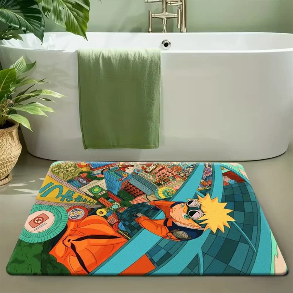 Tappetino da bagno con stampa di scena in perspectiva del villaggio di Konoha di Naruto Uzumaki, tappeto da bagno lavabile e assorbente antiscivolo per vasca da bagno