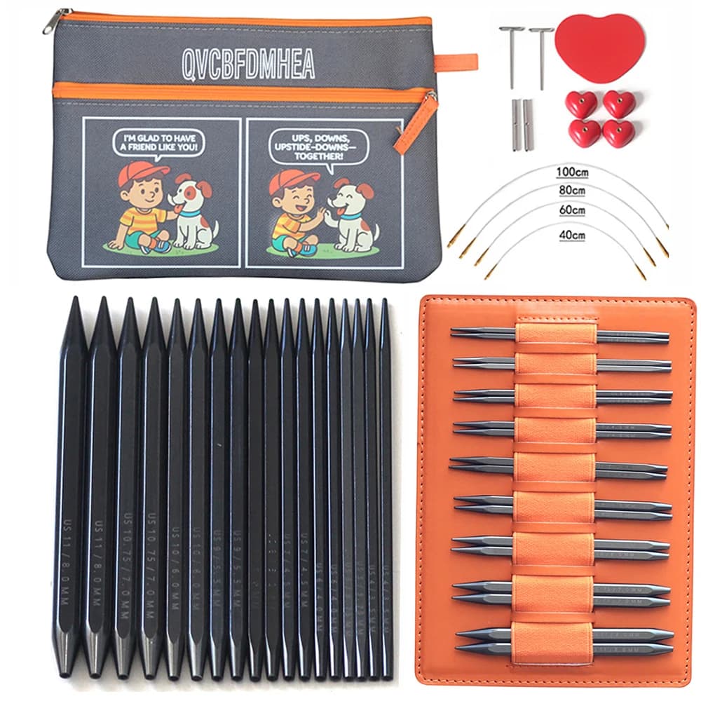 Set di 9 paia di ferri da maglia quadrati Set da 3,5 a 8,0 mm 11 cm Strumento per cucire in allumina con ago ad anello rimovibile con 4 cavi Accessori