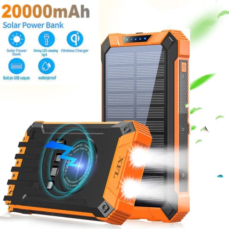 Caricatore portatile USB C solare wireless da 20000 mAh per iPhone 16 Xiaomi Huawei Samsung Batteria di ricambio Powerbank a doppia luce