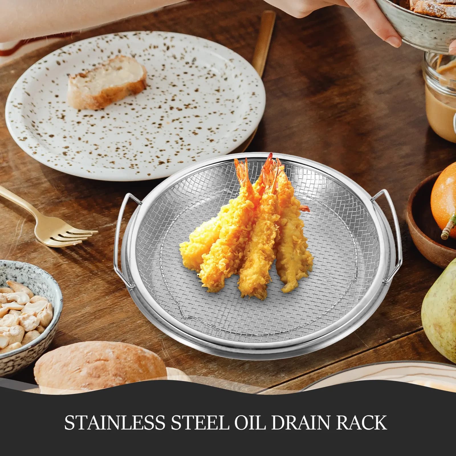 1Set Stainless Steel Oil Drain Rack with Fine Frying Mesh Basket Large Capacity Kitchen Food Strainer Drain Net Pan for Fried