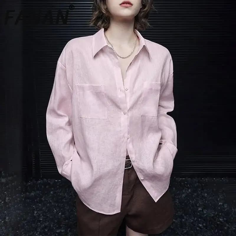FANAN Pink Linen Long-sleeve Shirt For Women 2026 Summer New Lightweigh Luxury High-end Sunscreen Blouses Women Clothing