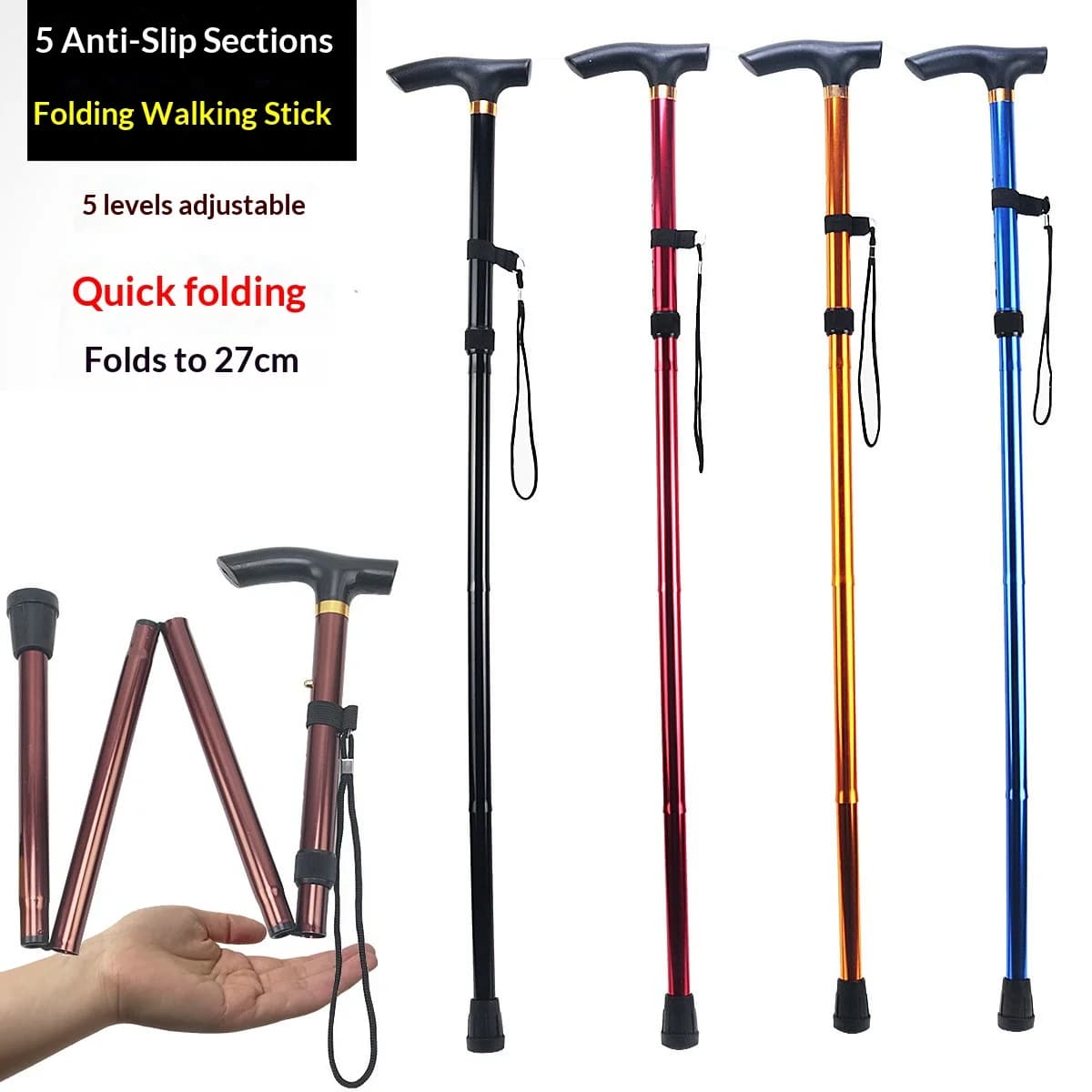 5 Section Trekking Stick - Foldable Trek Stick Adjustable Anti-slip Stick with Reinforced Design for Outdoors